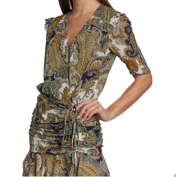 New Veronica Beard Dakota Ruffled Paisley Print Silk Chiffon Mini Dress Green 2 - Picture 13 of 16